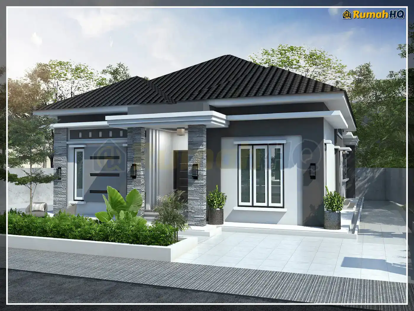 House design RHQ-A5-03, front 3D view — Bungalow · 1 storey · 4 bed · 3 bath