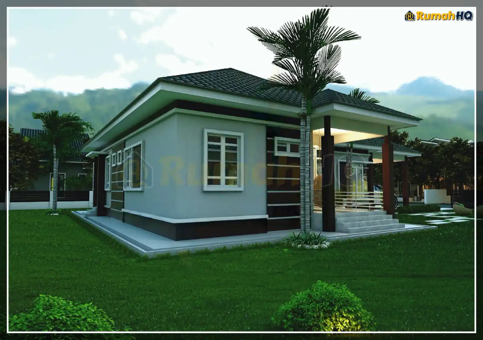House design RHQ-A5-10, front 3D view — Bungalow · 1 storey · 4 bed · 5 bath