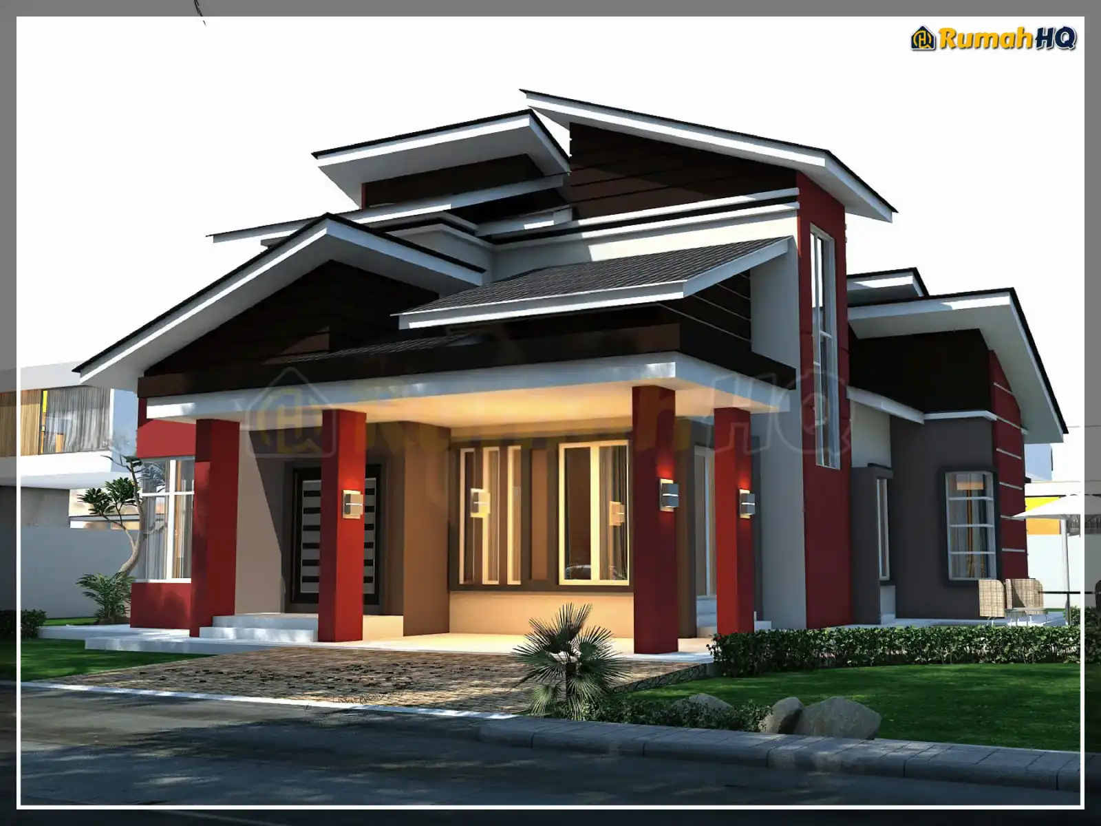 House design RHQ-D1-03, front 3D view — Bungalow · 2 storey · 5 bed · 4 bath