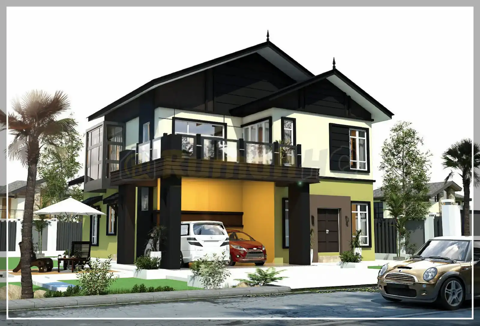 House design RHQ-D1-08, front 3D view — Bungalow · 2 storey · 5 bed · 4 bath