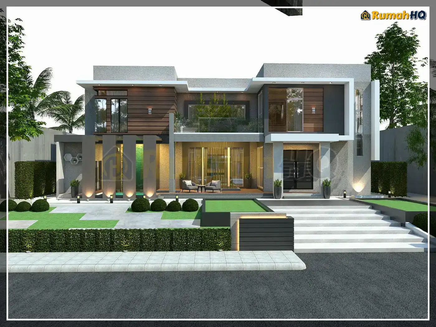 House design RHQ-D1-09, front 3D view — Bungalow · 2 storey · 4 bed · 5 bath