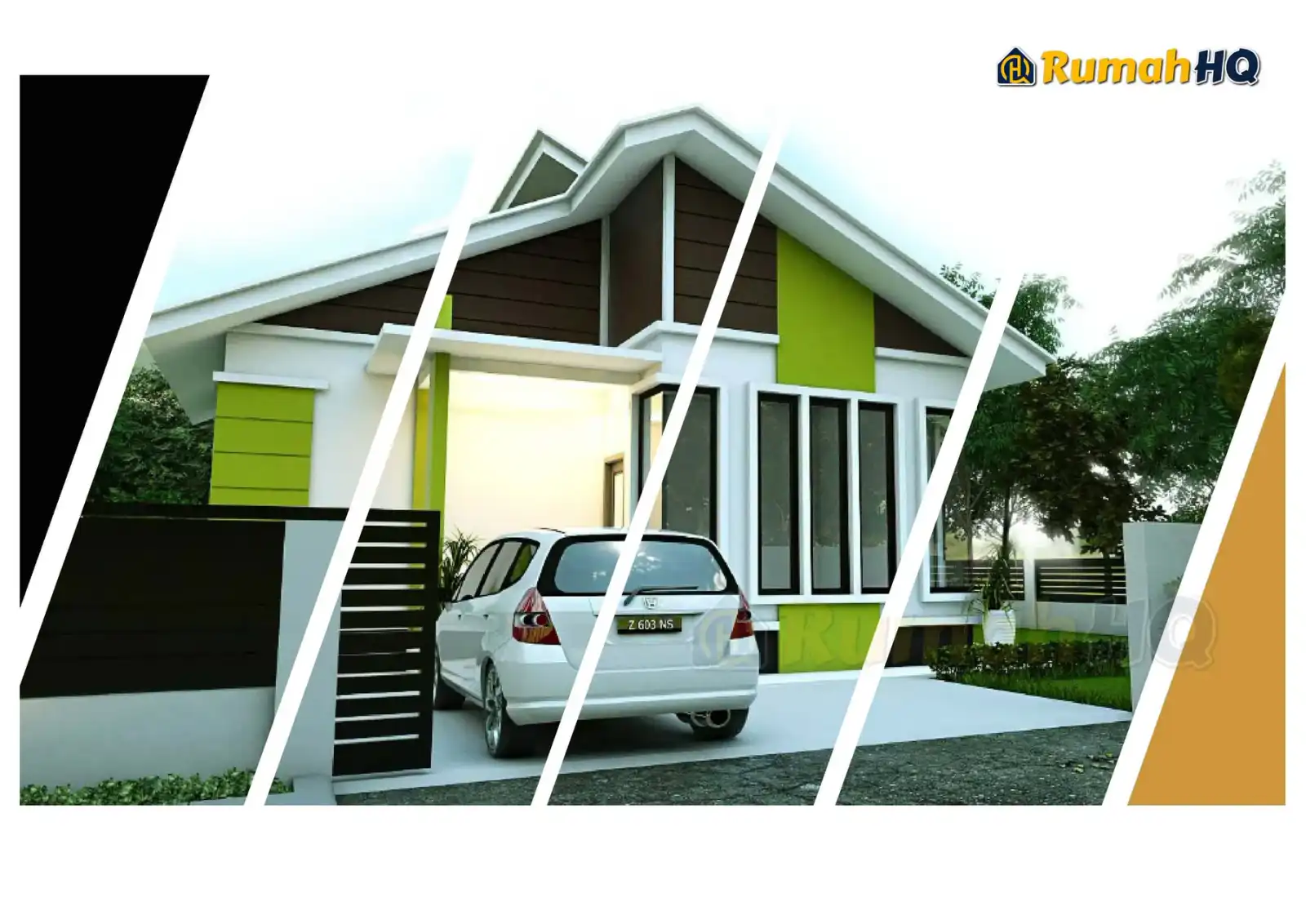House design RHQ-E1-01, front 3D view — Bungalow · 1 storey · 3 bed · 3 bath
