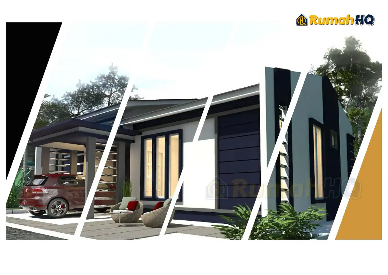 House design RHQ-E1-02, front 3D view — Bungalow · 1 storey · 3 bed · 2 bath