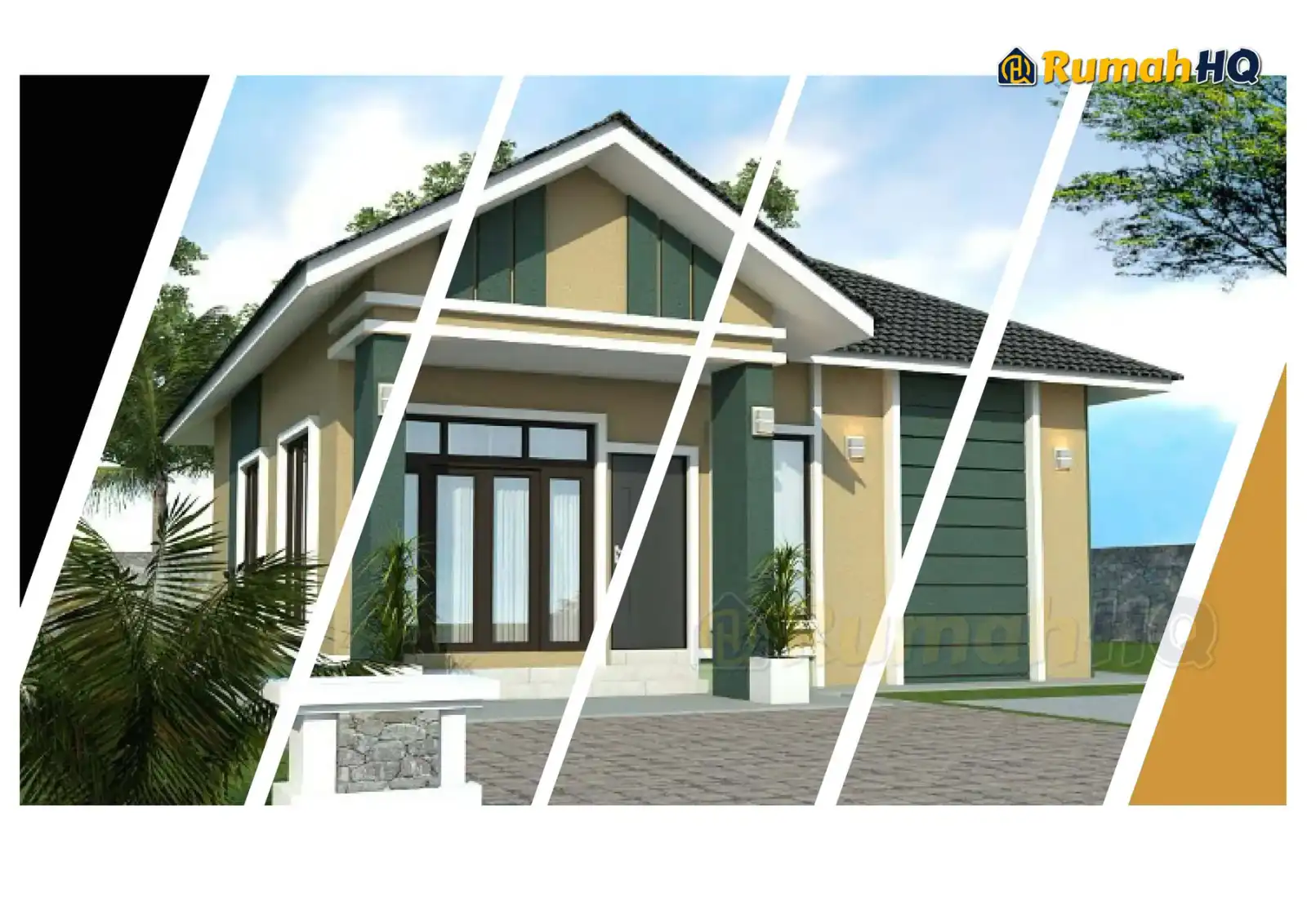 House design RHQ-E1-04, front 3D view — Bungalow · 1 storey · 3 bed · 2 bath
