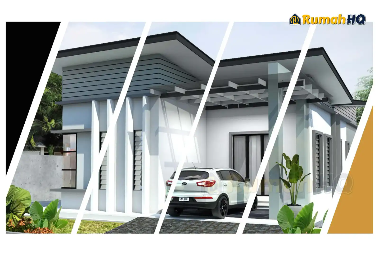 House design RHQ-E1-08, front 3D view — Bungalow · 1 storey · 4 bed · 2 bath