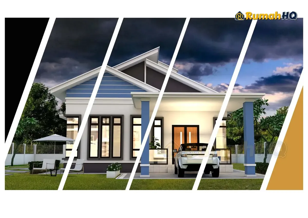 3D view of the RHQ-E1-09 single-storey bungalow with blue columns at the front