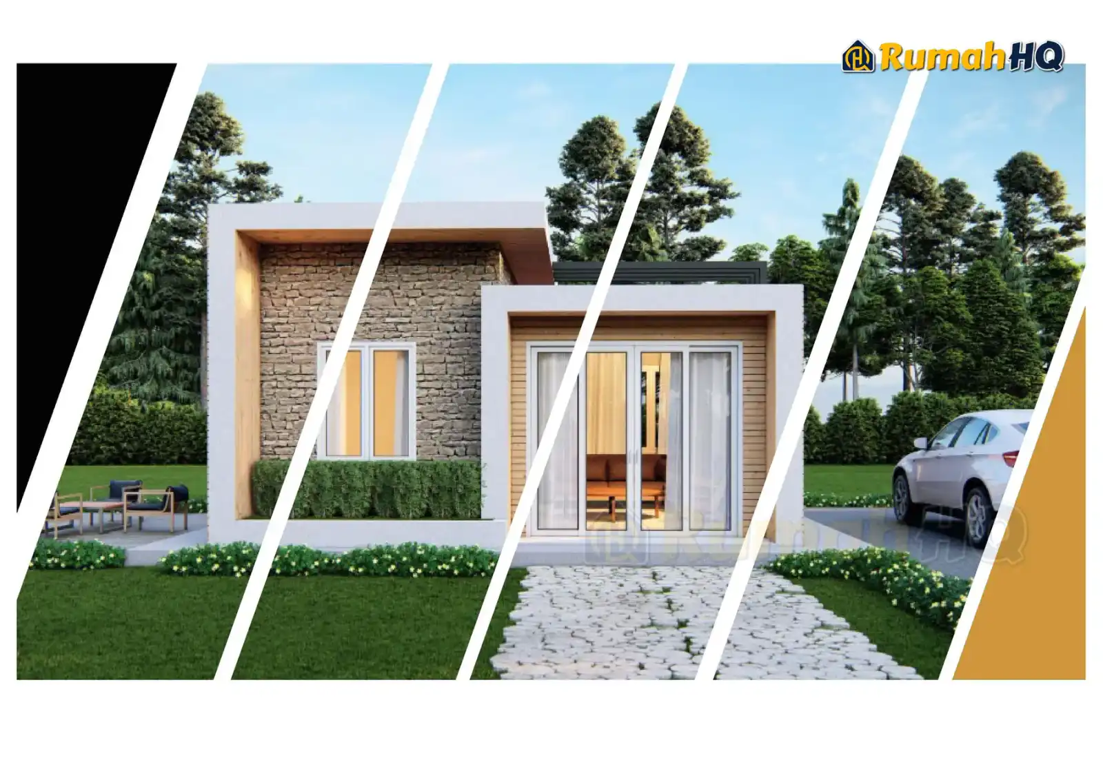 House design RHQ-E2-02, front 3D view — Mini bungalow · 1 storey · 1 bed · 1 bath