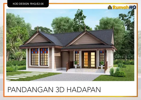 3D view 2 of 5, house RHQ-E2-06 — Mini bungalow · 1 storey · 2 bed · 2 bath