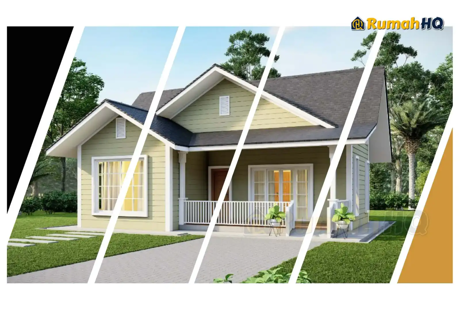 House design RHQ-E3-01, front 3D view — Mini bungalow · 1 storey · 2 bed · 2 bath