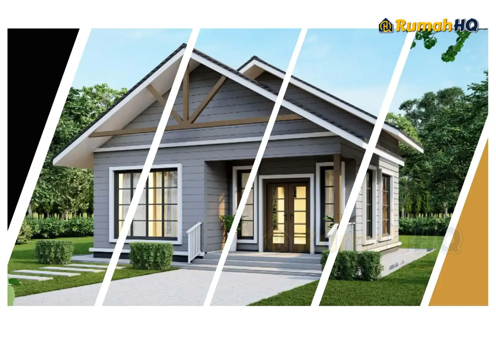 House design RHQ-E3-03, front 3D view — Mini bungalow · 1 storey · 2 bed · 2 bath