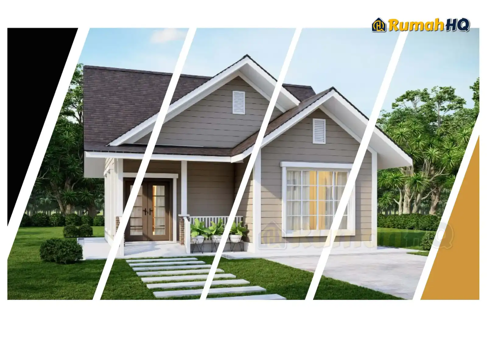 House design RHQ-E3-08, front 3D view — Mini bungalow · 1 storey · 2 bed · 2 bath