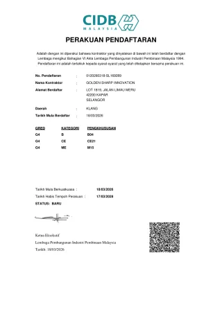 CIDB registration certificate for Golden Sharp Innovation, registration no. 0120260318-SL169289, grade G4, valid until 17/03/2028