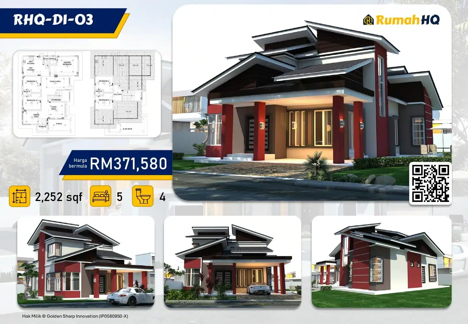 Modern house design with red accents, 5 bedrooms, 4 baths, 2,252 sq ft, priced at RM371,580. Includes floor plan.