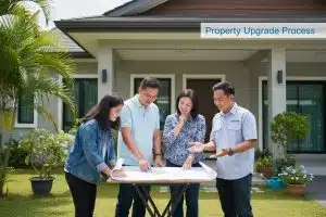 Family reviewing house plans with a contractor outside their home for property upgrade.