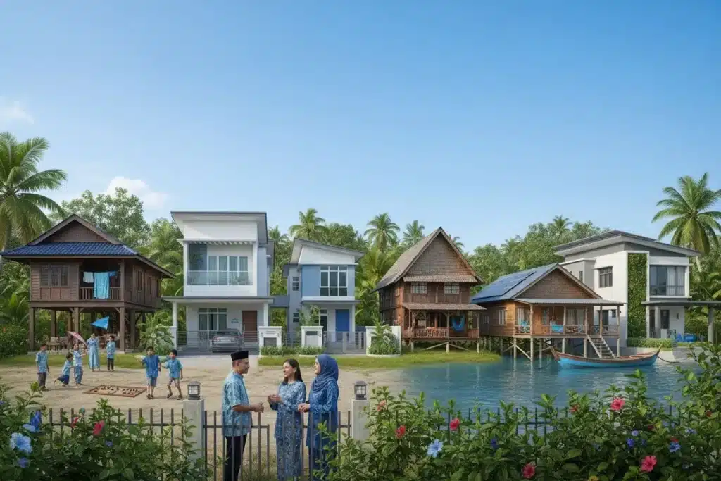 Traditional and modern houses by the water with people in cultural attire, surrounded by lush greenery.